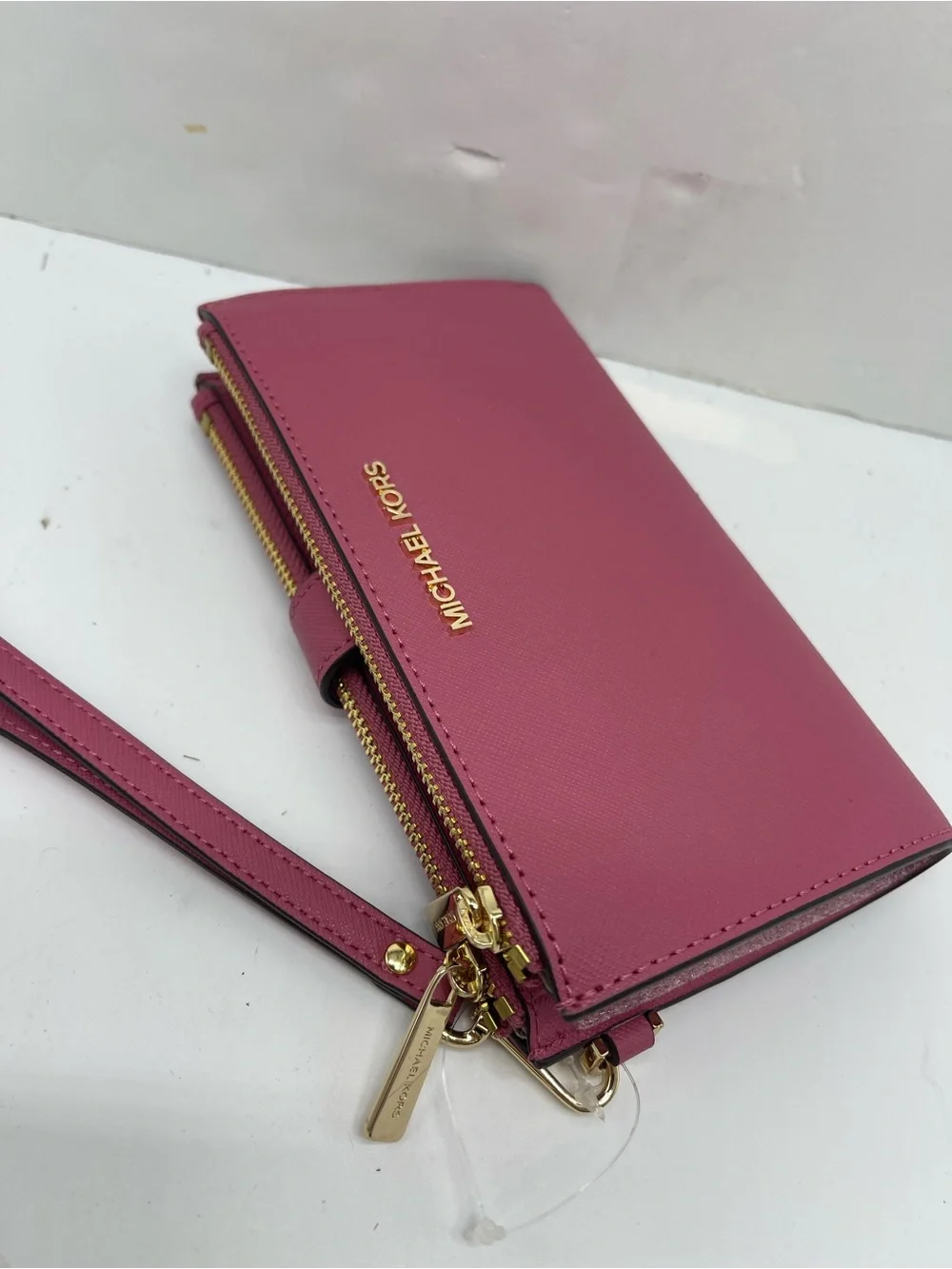 MICHAEL KORS JST Lg Double Zip Leather Wristlet Wallet Phone Holder Rosewood NWT